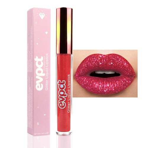 evpct 1Pcs Hot Bright Red Glitter Metallic Shimmer Diamond Lipstick Lip Gloss Stain Set for Women Long Lasting Waterproof, Dark Red Sparkle Glitter Matte long wear Liquid Lipstick Lip Makeup Kit