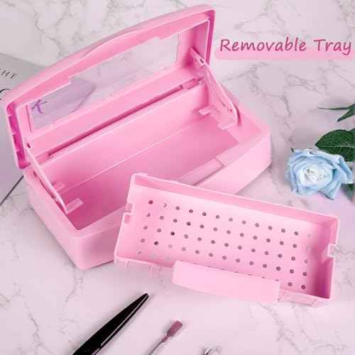 Gusnilo Nail Tool Sterilizer Box Disinfectant Jar Plastic Disinfectant Container Suitable for Nail Tools Hair Salons Beauty Centers and Manicure and Nail Equipment(Pink)