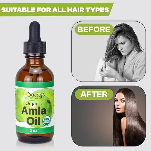 Savage Organics Amla Oil- Certified Organic Amla Oil - Luxurious Hair Growth, Scalp Nourishment Oil & Beard Oil – 100% Pure, Premium Quality, Natural & Vegan, Promotes Thicker, Fuller, Shinier Hair