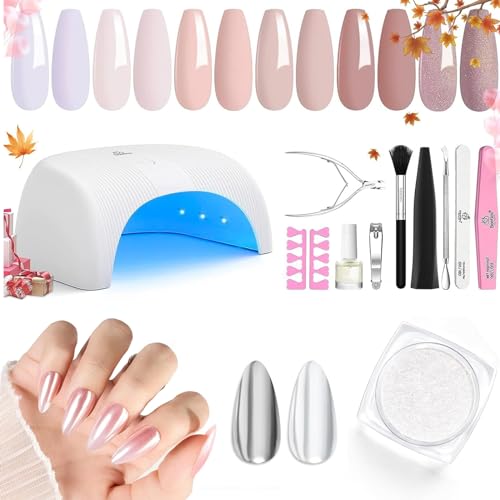 Beetles Gel Nail Polish Kit with LED Light Base & Top Coat, 6 Neutral Nude Colors, Chrome Nail Powder, 1g Glazed Silver