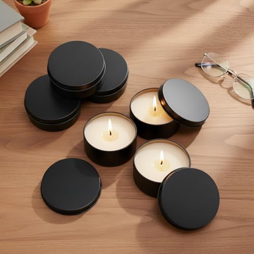 Therwen 48 Pack 8oz Candle Tins with Lids Black Aluminum Containers for Candle Making Supplies Empty Bulk Aluminum Tin Refillable Cosmetic DIY Gift Storage(Classic)