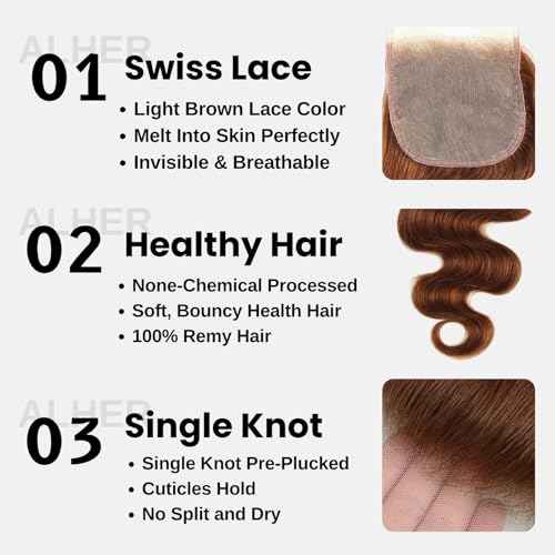 ALHER 33 Reddish Brown Body Wave 4x4 Lace Closure 20 Inch, 12A Copper Brown Colored 4X4 HD Lace Closure Free Part Pre Plucked with Baby Hair, 100% Virgin Remy Human Hair for Black Women 150% Density