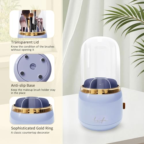 Makeup Brush Holder, 360 Rotating Makeup Brush Organizer with Lid, 7 Slots Brushes Organizer for Countertop Cosmetic Display and Storage, Purple