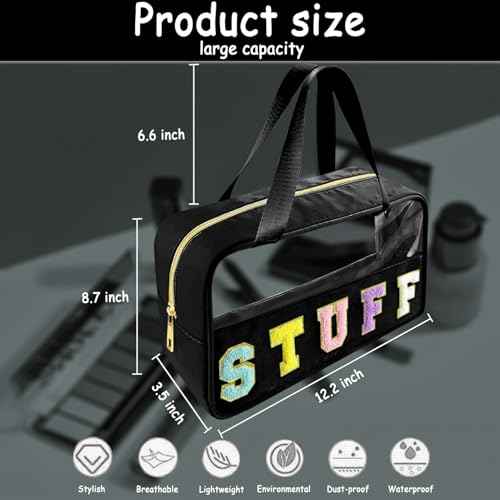 Chenille Letter Clear Makeup Bag Stuff Patch, Travel Toiletry Makeup Bag with Handle, Nylon Waterproof Makeup Bags clear cosmetic bag, preppy patch makeup bag for Women (STUFF-Black)