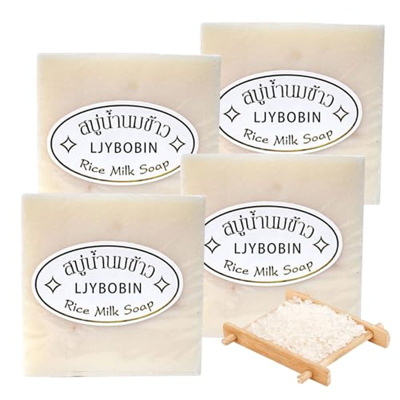 4PCS Vegan Rice Soap for Body & Face,Gentle Long-lasting Moisturizing Rice Milk Soap for All Skin Type,Deep Cleaning Rice Handmade Soap Bar for Men & Women