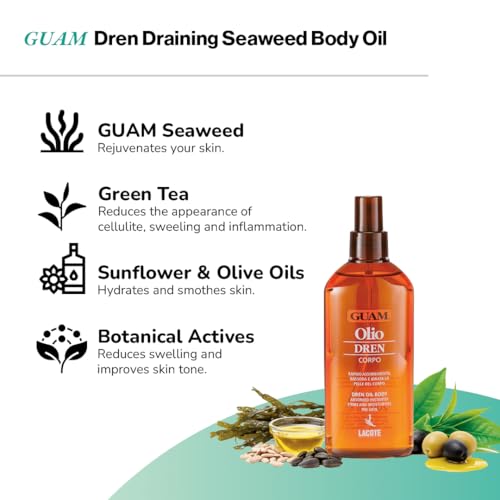 GUAM Dren Anti-Cellulite Massage Oil ? Lymphatic Drainage & Water Retention Relief ? Essential Oils for Skin Firming & Toning (200 ML)