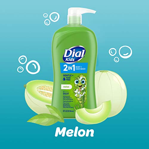 Dial Kids All-in-1 Body Wash + Hair + Bubble Bath, Melon Scent, 32 Fl Oz, Hypoallergenic Body Wash & Shampoo, No Tears Formula for Kids 2+ Years, No Parabens & Silicones (Pack of 2)