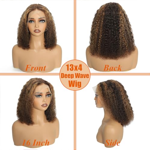 12 Inch Honey Blonde Ombre Deep Wave Bob Wig - Human Hair, 180 Density, Lace Front