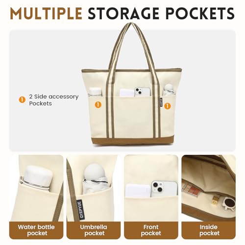 Large Canvas Tote Bag with Zipper & 3 Pockets