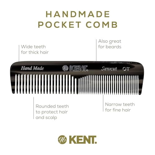 Kent OT Pocket Comb Black and Tortoise - Handmade Fine and Wide Tooth Hair Comb for Men, Women, and Kids - Travel, Beard, and Mustache Comb - Saw Cut and Hand Polished Made in England