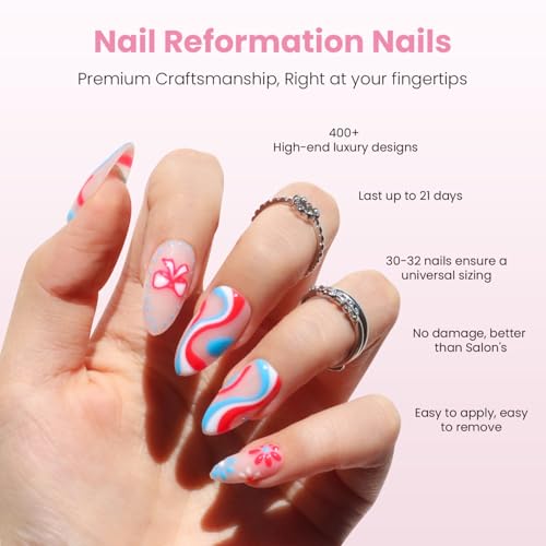 Red White & Blue Swirl Press On Nails - 30 Pc Almond Kit