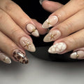 Tortoise Shell Almond Press on Nails - 24 Pcs Brown Floral Design