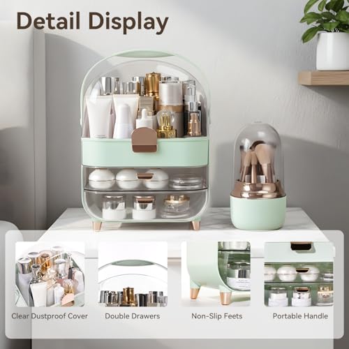 Large Capacity Makeup Organizer with Brush Holder & 2 Drawers - Green