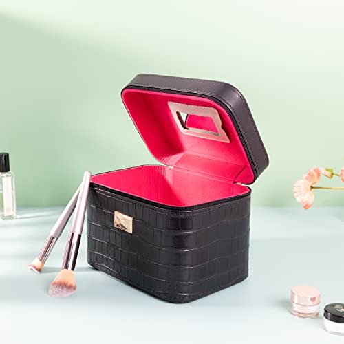 Portable Leather Makeup Train Case with Mirror - Black