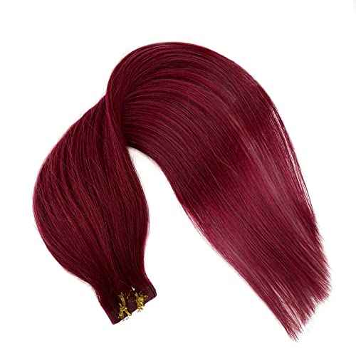Real Hair Extensions Tape in Human Hair Extensions Burgundy Colored Hair Extensions Tape ins 20 Pieces Seamless Invisible Hair Extensions 22 inch Double Sided Tape in Remy Hair 60g for Women