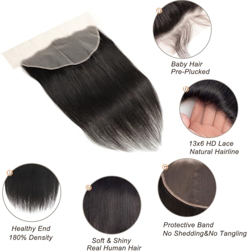 beauty youth 13x6 Lace Frontal with Baby Hair 16inch Transpent HD Transpare Frontal Pre Plucked 12A Lace Closure Free Part Brazilian Virgin Human Hair Lace Frontal with Bangs 180% Density