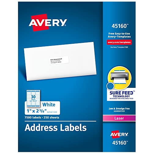 Avery Printable Address Labels with Sure Feed, 1" x 2-5/8", White, 7,500 Blank Mailing Labels (45160)