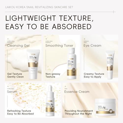 LAIKOU Snail Skin Care Set 5pc Kit - Cleanser, Toner, Serum, Eye Cream