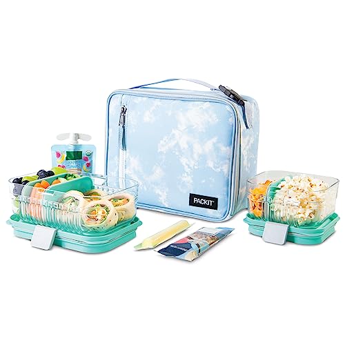 PackIt Freezable Classic Lunch Box, Blue Sky, Built with EcoFreeze Technology, Collapsible, Reusable, Zip Closure With Zip Front Pocket and Buckle Handle, Perfect for School Lunches