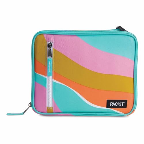 PackIt Freezable Classic Lunch Box, Retro Wave, Built with ECOFREEZE Technology, Fully Freezable, Collapsible, Reusable, With Zip Front Pocket and Buckle Handle, Designed for Fresh Lunch On the Go