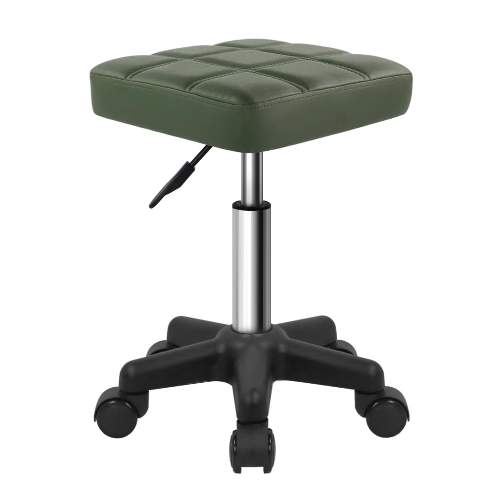 FURWOO Square Swivel Stool with Wheels PU Leather Rolling Stool Height Adjustable for Spa Salon Massage Green