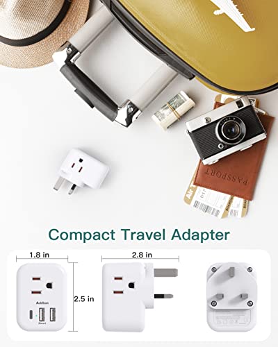 2-Pack US to UK Ireland Travel Plug Adapter, Addtam Type G Power Outlet Adapter with 3 AC Outlets and 3 USB, Travel Essentials for USA to Dubai Scotland British London England Hong Kong Irish