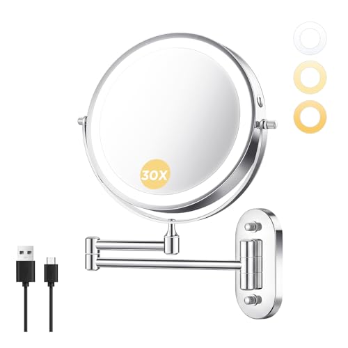 Tubbede 8 Inch Wall Mounted Makeup Mirror with 1X/30X Magnification & Rechargeable 4000mAh Battery