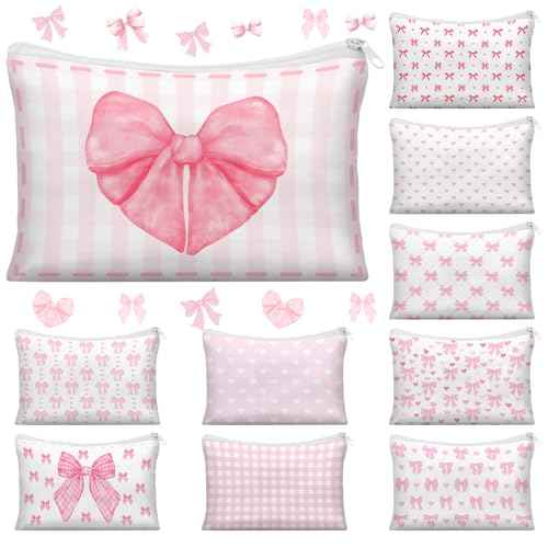 Reginary 10 Pcs Coquette Cosmetic Bag for Woman Wedding Thanksgiving Friendsgiving Day Makeup Bag Preppy Pouch Zipper Coquette Birthday Party for Team Bestie Family(Pink,Lovely Heart)