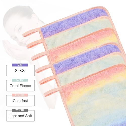 PHOGARY Microfiber Makeup Remover Cloths, 6 Pack Reusable Makeup Eraser Cloth for Face, Microfibre Erase Your Face Washcloths, Make up Cloth Remover Towel - Gentle on Skin (8 x 8in, Rainbow)