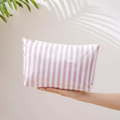 Large PVC Waterproof Striped Makeup Bag,Clear Coated Cosmetic Bags,Easy to Clean,Travel Organizer Zipper Pouch Beach Vacation Essentials for Women Girls(04Pink Stripe)