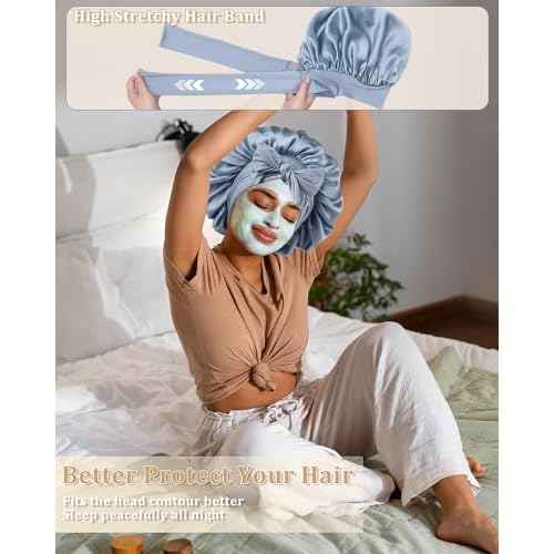 100% Mulberry Silk Bonnet for Women Hair Bonnet for Sleeping with Hair Scrunchy Elastic Tie Band Night Cap