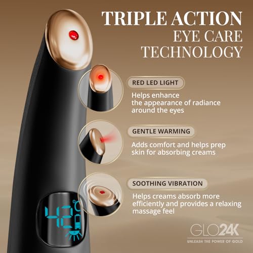 GLO24K Heated Eye Wand & Eye Massager Tool ? Gentle Warmth & Vibration for Smoother-Looking Skin, Refreshing Under-Eyes Massage, Portable Beauty Device