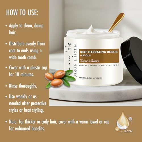Sunny Isle Argan & Biotin Deep Hydrating Hair Masque - Intensive Repair, Almond Oil, Castor Oil - 16oz