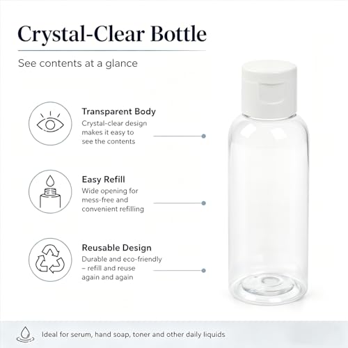 60ml Pack of 6 Plastic Empty Bottles with Flip Cap for Shampoo, Lotion & Soap