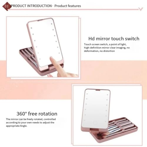 Portable Makeup Mirror with LED Lights, Rechargeable LED Makeup Mirror with Brush Set, for Women, Birthday Gift for Teens (Pink)