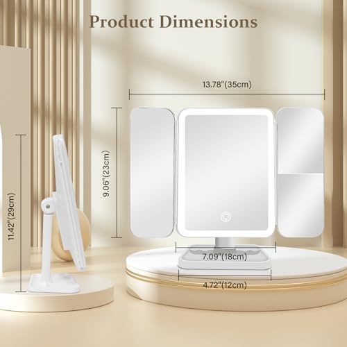 Jesmaikor White 3-Panel Lighted Makeup Mirror with 1x/2x/3x Magnification, 180° Rotating, Rechargeable