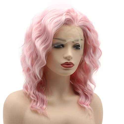 Hair Curly Short 14inch Pink Wig Heavy Density Realistic Synthetic Lace Front Wigs