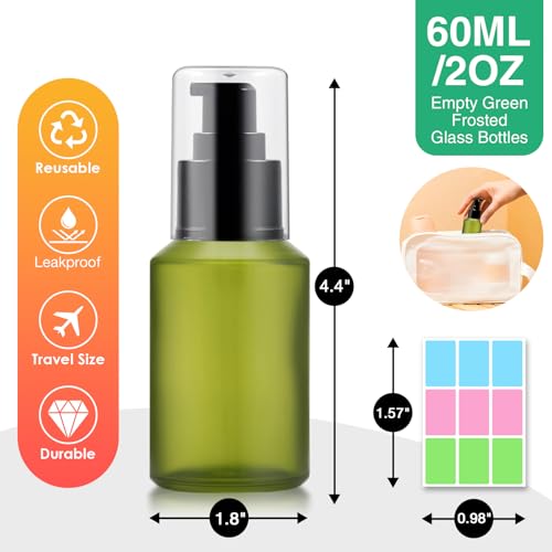 3 Pack 2oz Green Frosted Glass Pump Bottles - Refillable Travel