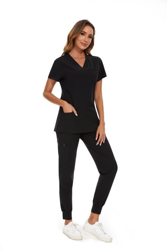 COZYFIT Scrubs for Women Set - Stretch V-Neck Scrub Top & Jogger Pant with 8 Pockets, Yoga Waistband, Anti Wrinkle, Slim Fit Women Scrubs