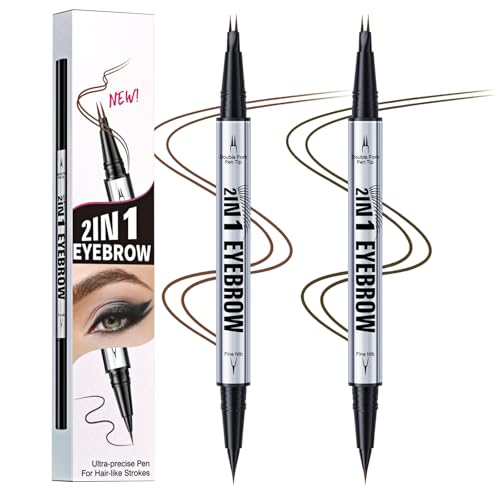 2 Pack Hair Like Eyebrow Pen Set, Long-Lasting Microblading Eye Brow Pencil for Natural Brows, 2-IN-1 Beginners & Daily Use Eyebrow Pencils for Women, Waterproof & Smudge-Proof Brow Tint
