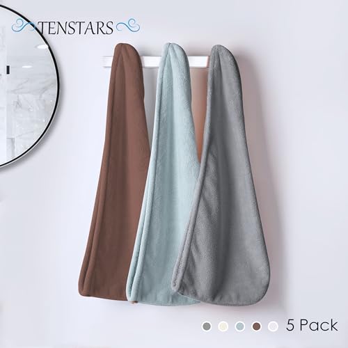 TENSTARS 5-Pack Microfiber Hair Towel Wrap in Cream, White, Brown, Light Teal & Grey - Quick Dry & Soft Turban for All Hair Types