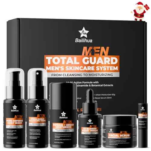 Gift for Men Skincare Skin Care Set for Men Him Complete Routine Kit with Niacinamide & Ceramides - Face Cleanser, Scrub, Toner, Serum, Moisturizer Cream, Lip Balm - Christmas, Father¡¯s Day Gifts
