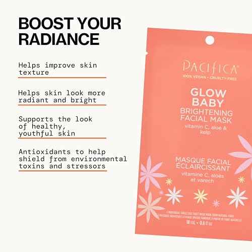 Pacifica Sheet Face Mask - 6 Pack - Glow Baby Brightening Facial Mask w/Vitamin C, Aloe & Kelp ? Cooling Mask for Dark Spots & Fine Lines - Clean Beauty Vegan & Cruelty-Free Dermatologist Tested