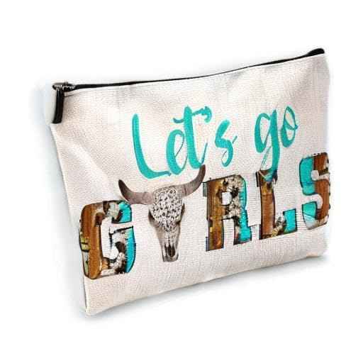 Sufamb Let's Go Retro Western Country Bull Skull Makeup Bag, Cowgirl Cosmetic Pouch for Women, Christmas & Birthday Gift for Teen Girls