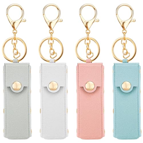 Aswewamt 4 Pcs Lipstick Holder Keychain PU Leather Chapstick Case Keychain Lip Balm Portable Sleeve Organizer Holder