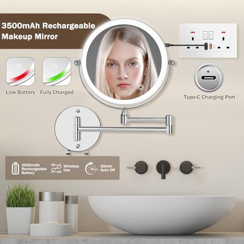 1¡¿/15¡¿ Wall Mounted LED Makeup Mirror Magnifying Makeup Mirror 3500 mAh Rechargeable, Touch Dimmable 3 Color Lights, 8¡± Double Sided 360¡Æ Rotation, Ideal for Hotel and Bathroom