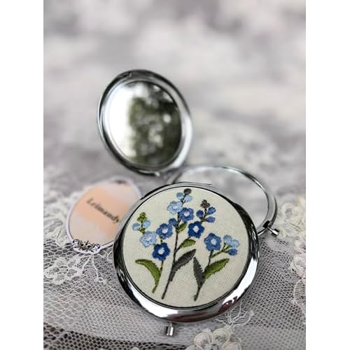 Leimandy 4-Pack Embroidered Compact Mirrors - Double-Sided 1x/2x Magnifying Bridesmaid Pocket Mirror Foldable Makeup Mirror for Wedding Shower | Birthday | Graduation Gifts L2 (Blue ForgetMeNot)