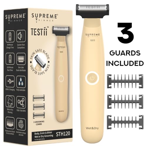 Supreme Trimmer Testii STH120 Men¡¯s Ball Trimmer and Body Groomer, Waterproof Wet Dry Use, Skin-Safe Blade System, USB-C Fast Charging, 90 Min Runtime, Replacement Heads Available