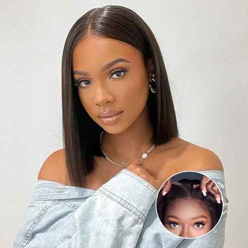 Wear and Go Glueless Bob Wig Human Hair Straight, 6x4 Pre-Cut HD Lace Glueless Wigs Pre-Plucked, Transparent Lace Front Closure Wigs for Women 180% Density 10 inch