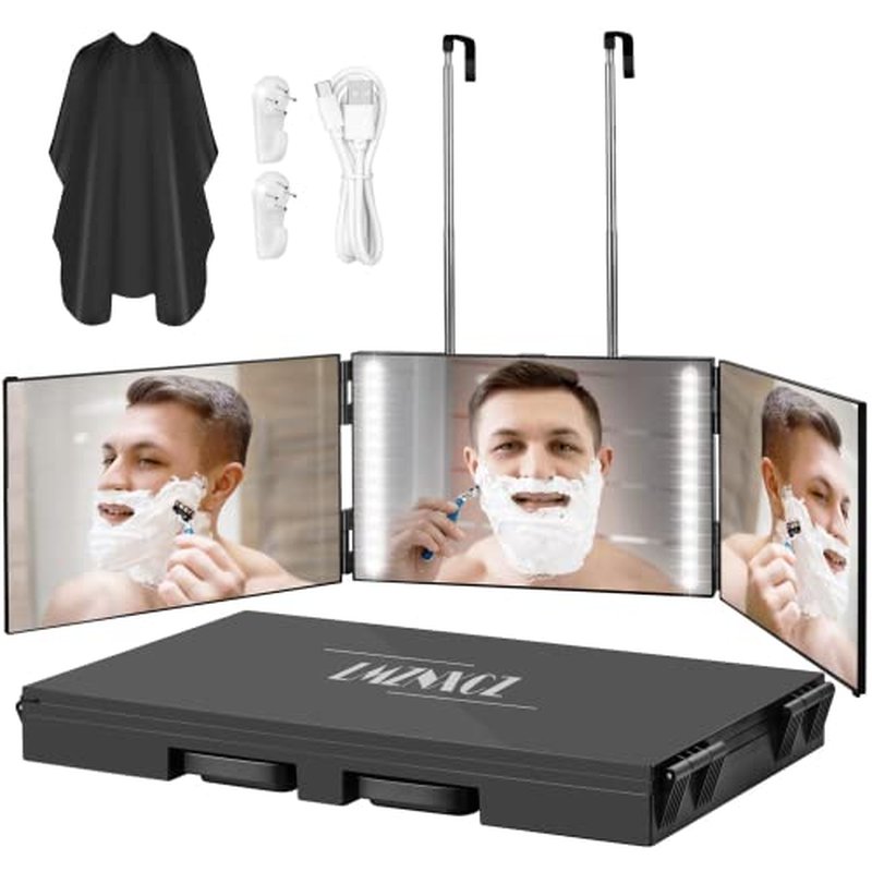 360° Three-Way Mirror with LED Lights for Self Hair Cutting